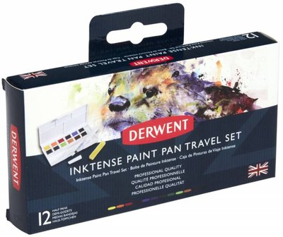 Набір Inktense Paint Pan Travel №1, 12 кольорів+пензель з резервуаром, Derwent 5028252521512 фото