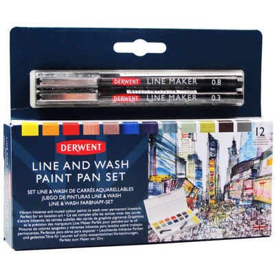 Набір Line and Wash Paint Pan, 12 кольорів+пензель з резервуаром+2 лінери, Derwent 5028252620352 фото