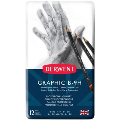 Набір графітних олівців Graphic Hard, 12 шт (B-9H), в метал. коробці, Derwent 5010255716583 фото