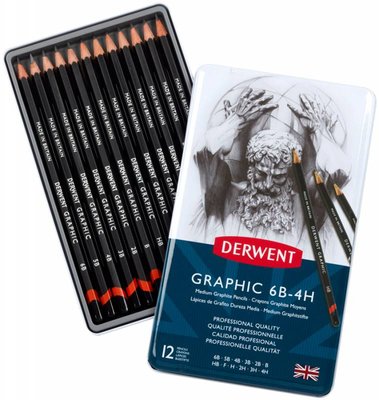 Набір графітних олівців Graphic Medium, 12 шт (6B-4H), в метал. коробці, Derwent 5010255716590 фото