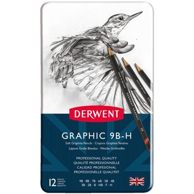 Набір графітних олівців Graphic Soft, 12 шт (9B-H), в метал. коробці, Derwent 5010255716606 фото