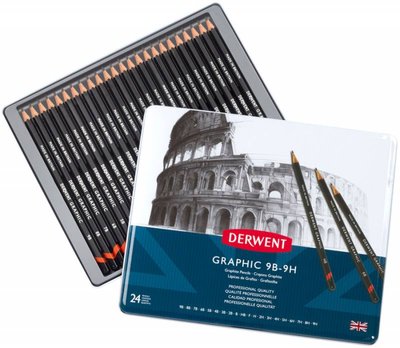 Набір графітних олівців Graphic, 24 шт (різної твердості), в метал. коробці, Derwent 5010255342027 фото